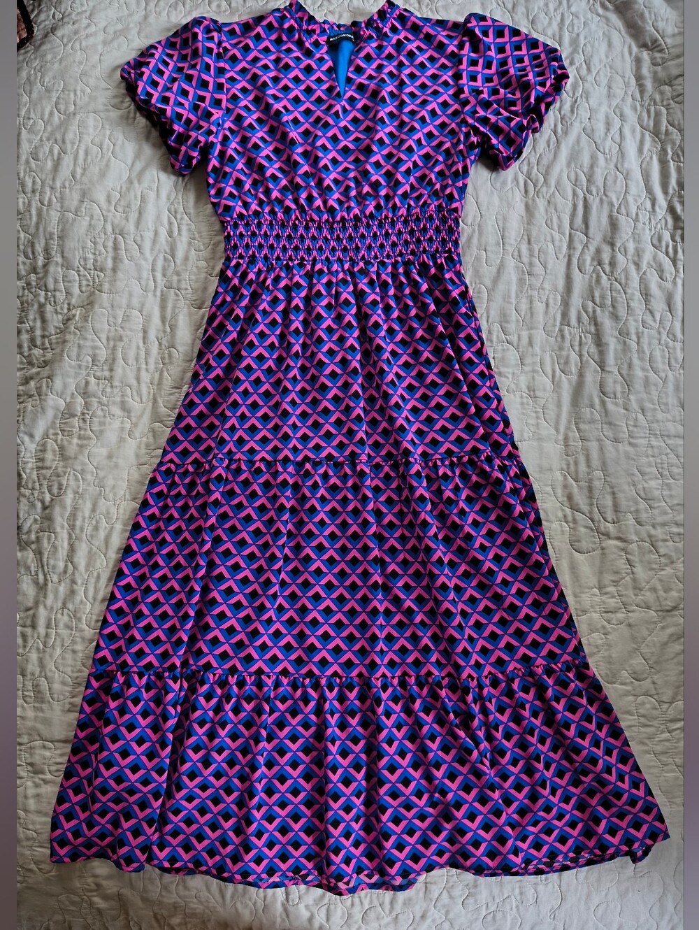 Women's Mascomoda Smocked Waist Maxi Dress in Pink & Blue Geometric Print